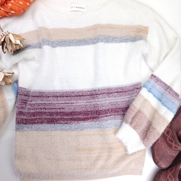 New Shop Wanna B White Camel Stripe Sweater Sz L - Picture 9 of 11